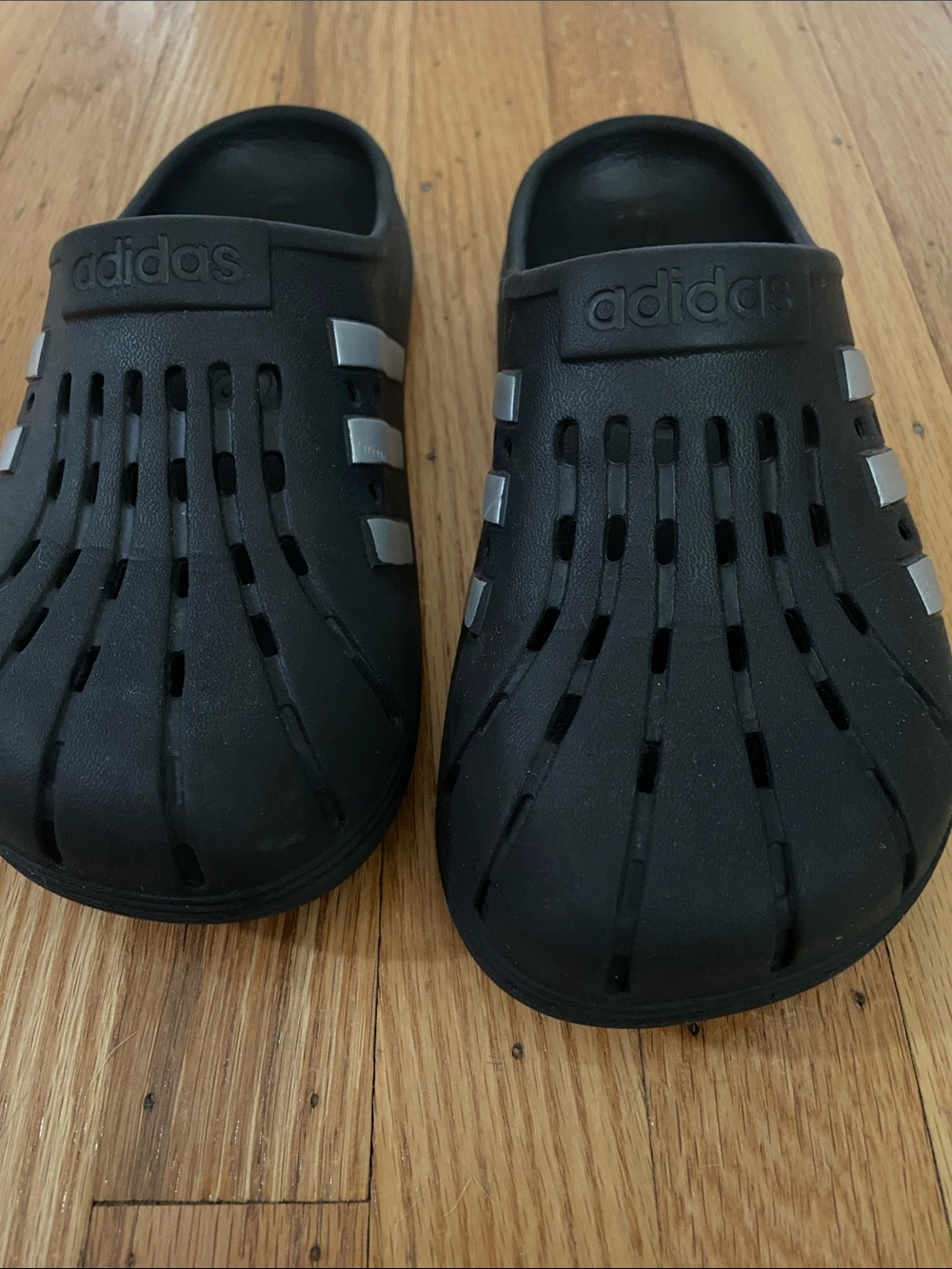 adidas Black Clog Sandals with Silver Stripes - Picture 6 of 7